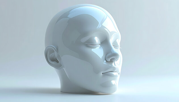 Isolated glossy white human head sculpture facing right on a plain background with soft lighting and subtle reflections, representing artificial intelligence and technology concepts