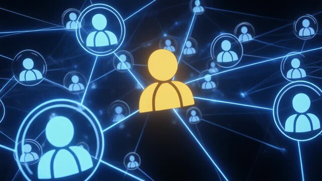 "Interconnected human icons forming a vibrant digital web, highlighting central leadership figure in yellow, symbolizing influence, communication, and connectivity within modern social networks."