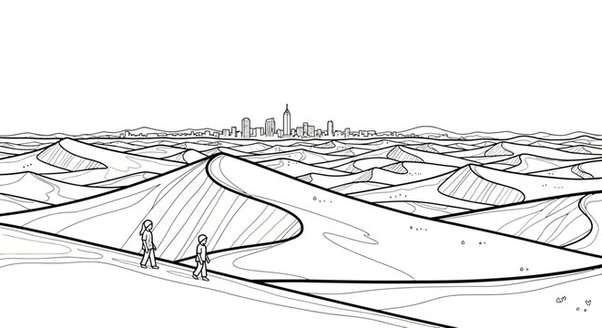 Two People Walking on Abstract Winding Paths Toward Distant City.
