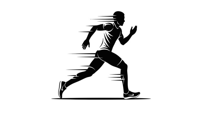 Silhouette of a sprinter running fast, motion blur effect, black and white