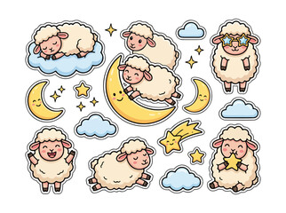 Fototapeta premium Cute cartoon sheep characters with moons, stars, and clouds in a pastel kawaii style, perfect for nursery and bedtime themes.