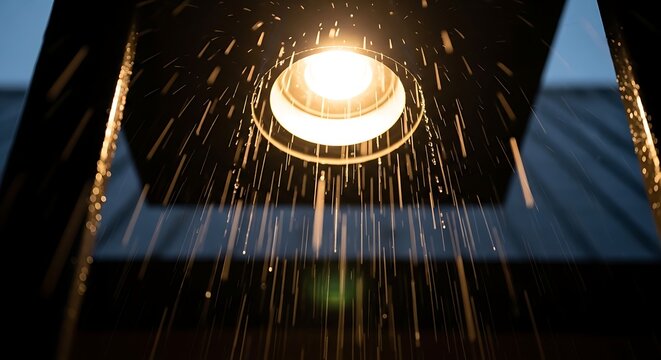 Warm glowing lamp with heavy rain falling in the dark
