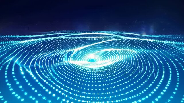 Abstract digital landscape with blue glowing particles forming a swirling vortex or galaxy pattern in deep space 4k video