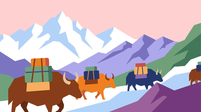 Yaks carrying colorful packs trekking through mountains.