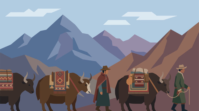 traditional people with yak on mountain.