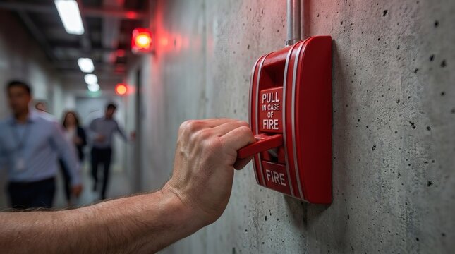 Man's hand pulling a red fire alarm on a concrete wall, signaling an emergency in a building with blurred people evacuating.