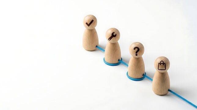 Wooden peg dolls connected by blue string featuring checkmark wrench question mark and shopping bag for e-commerce customer journey process