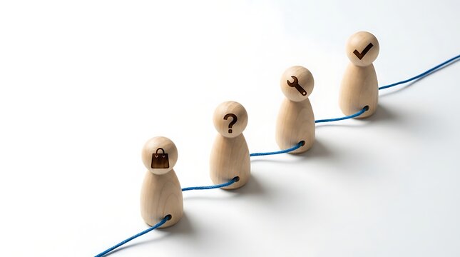 Connected wooden peg figures representing business process workflow from shopping and customer support to problem solving and successful checkout