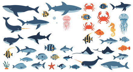 Fototapeta premium Colorful collection of diverse marine animals includes various whales, sharks, tropical fish, crabs, and jellyfish characters.