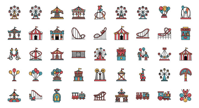 Comprehensive set of amusement park and carnival icons including ferris wheels rollercoasters carousels and ticket booths.