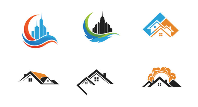 Collection of modern real estate and city skyline logos featuring house shapes and building silhouettes in vibrant colors.