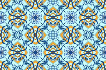 Fototapeta premium Elegant Moroccan inspired seamless pattern with floral ornaments in blue, orange and aqua tones for textile, wallpaper, packaging and interior decor.