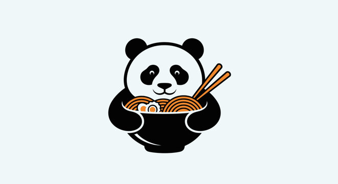 A cute panda holds a bowl of noodles with chopsticks.