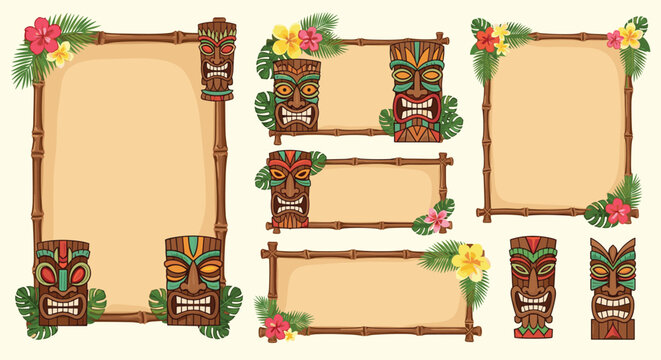 Tropical tiki party elements featuring bamboo frames, traditional polynesian masks, hibiscus flowers, and green monstera leaves for decor.