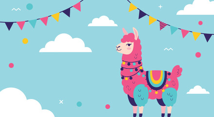 Fototapeta premium Cute pink llama decorated with colorful pompoms standing against a blue sky with clouds, buntings, and confetti for a festive party.