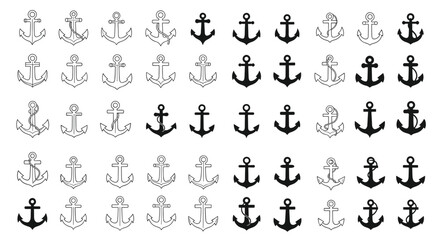 Obraz premium Extensive collection of anchor icons in various styles including solid silhouettes, outlines, and artistic interpretations for maritime themes.
