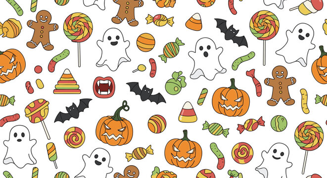 Fun and colorful seamless pattern for Halloween featuring pumpkins, ghosts, bats, gingerbread men, candies, and spooky treats for kids.