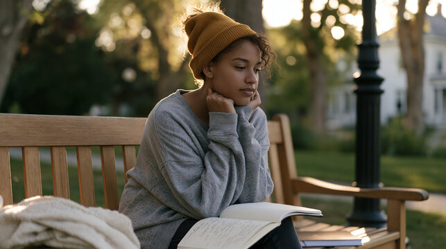 Young adult sits alone on a park bench reading a memoir about escaping a controlling religious group, notebook open to handwritten reflections beside her, afternoon light filtered through trees, dep