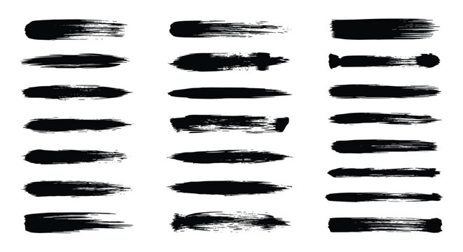 Collection of horizontal black ink brush strokes and paint smears with different textures isolated on a white background.