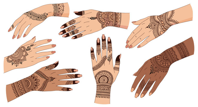 Various hands decorated with intricate henna and mehndi patterns showcasing traditional indian and middle eastern bridal body art.