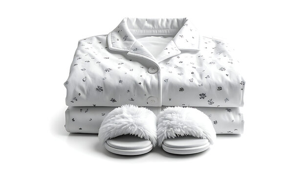 Stack of folded white pajamas with a dark speckled pattern and fluffy white slippers, cozy home wear concept
