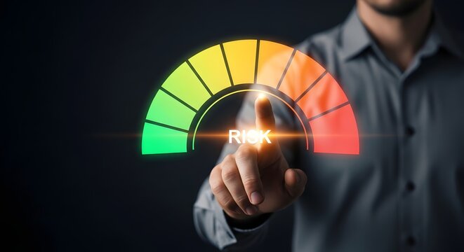 Man touching risk meter on dark background