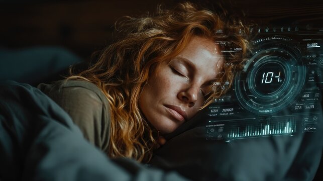 Woman sleeping in bed, holographic sleep cycle graph (rem/deep sleep) monitoring overlay, health tracking technology concept 