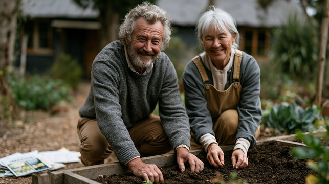 Retired couple kneeling side by side at a raised vegetable bed in their first garden planting after downsizing to a small cottage, seed catalogues and handwritten notes scattered on the path beside 