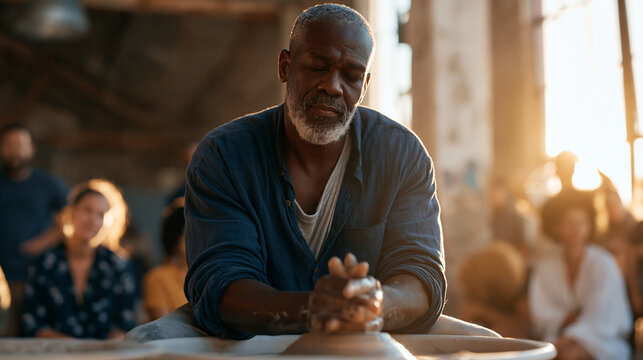 Process-in-action view of a male ceramics teacher at a community reentry program forming clay at a wheel, hands steady, participants watching as industrial warehouse studio windows let in hazy summe