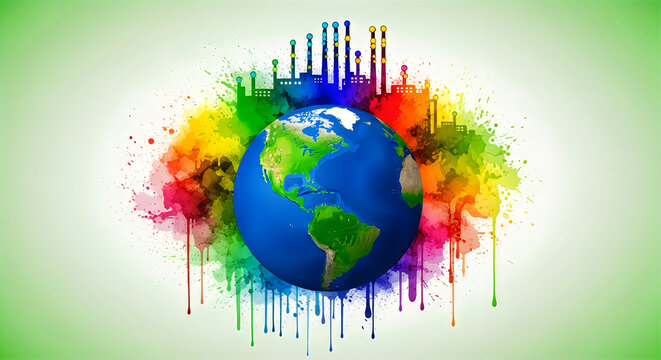Colorful paint splatter exploding around Earth globe for environmental awareness and eco-friendly concept
