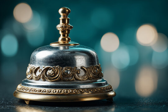 Ornate vintage service bell on a counter with a luxury blurred hotel background