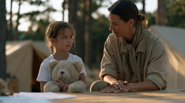 Nervous seven-year-old clutching a stuffed bear at a lakeside summer camp registration table, counselor kneeling to eye level in warm morning light, pine trees and canvas tents behind them, first-da