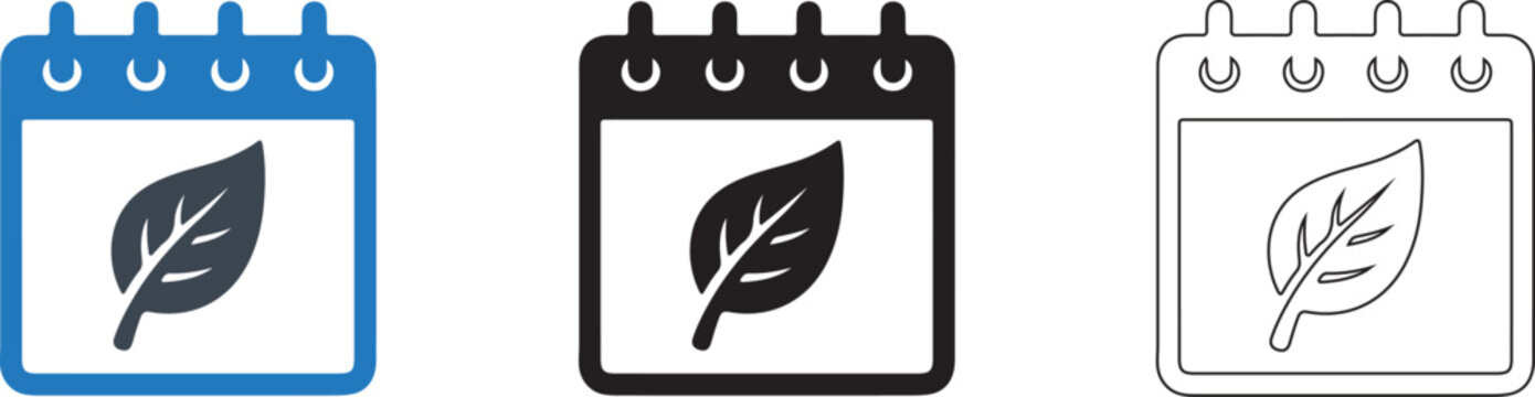Eco calendar icon 3 icon concepts colour icon, solid icon, and line art transparent png sustainable schedule planning editable vector eps collection