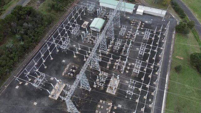 Electrical substation power grid from aerial perspective