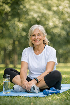Healthy Lifestyle Concept with Smiling Woman on Exercise Mat in Park