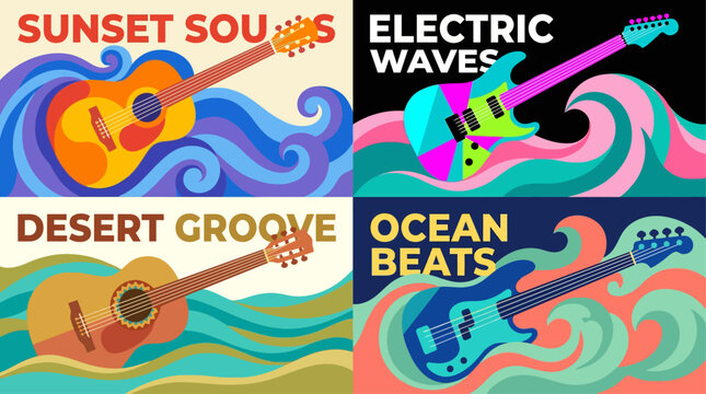 Vibrant guitar graphics with musical themes.