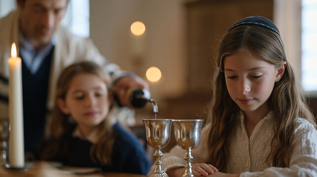Father pours kosher wine into polished silver Kiddush cups as his children sit expectantly at the Shabbat table, their faces softly lit by two tall candles, the hush before the blessing capturing qu