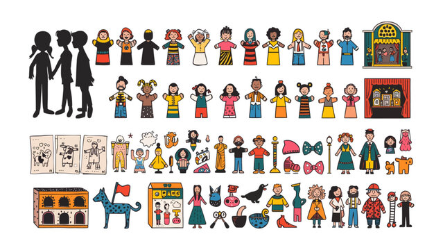 Puppet Show Characters and Props: A vibrant collection of cartoon-style puppets, characters, and stage elements, ready to bring imaginative stories to life.