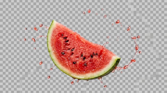 A slice of watermelon dancing with small drops of juice around it, a professional, clear and detailed photo on a transparent background.