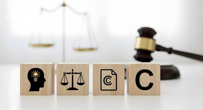 Copyright law concept with wooden blocks and gavel