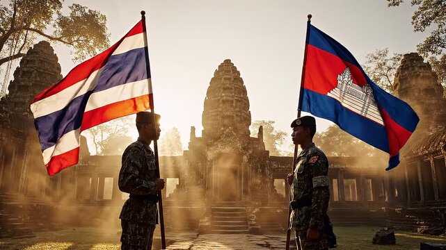 Thailand vs cambodia war, Soldiers holding Thailand and Cambodia flags amidst ancient ruins at dawn, symbolizing historical relations