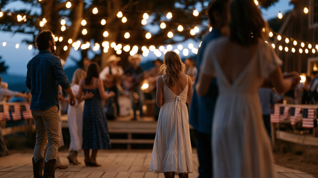Country band playing elevated stage at outdoor Fourth of July wedding reception, American flag bunting decorating fence rail, guests in sundresses and boots line dancing on wooden platform under Jul