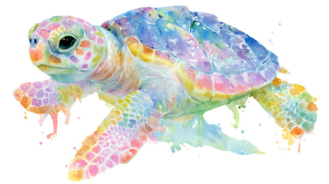 Cute colorful watercolor illustration of a baby sea turtle isolated on a Transparent background.