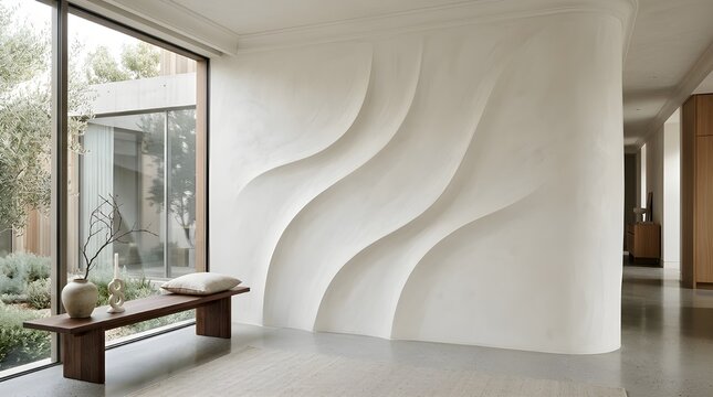 Minimalist Luxury Interior Design with Abstract Wavy Plaster Wall Art, Wooden Bench, Ceramic Vase, and Large Window Overlooking Garden
