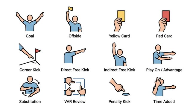 Collection of soccer referee hand signals icons set including goal offside yellow card red card and substitution signs.