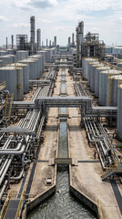 Fototapeta premium Industrial facility interior with numerous storage tanks, complex pipeline systems, and floor water channels, showcasing large-scale production, engineering infrastructure, and processing plant layout