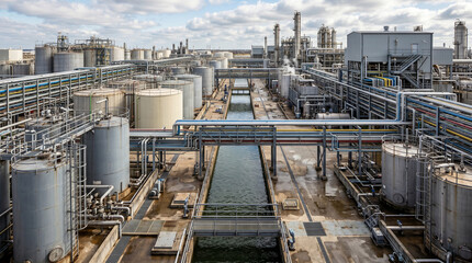 Fototapeta premium Industrial facility interior with numerous storage tanks, complex pipeline systems, and floor water channels, showcasing large-scale production, engineering infrastructure, and processing plant layout