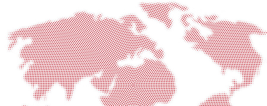 Red world map: abstract radial dotted pattern, geometric circles composition, vector illustration isolated