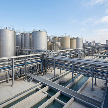 Industrial facility interior with numerous storage tanks, complex pipeline systems, and floor water channels, showcasing large-scale production, engineering infrastructure, and processing plant layout