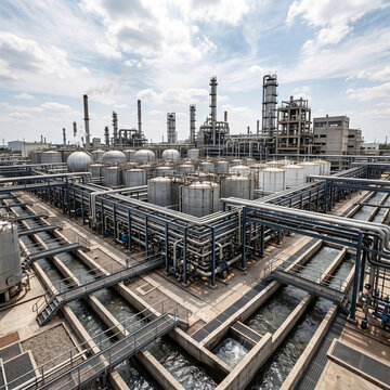Industrial facility interior with numerous storage tanks, complex pipeline systems, and floor water channels, showcasing large-scale production, engineering infrastructure, and processing plant layout